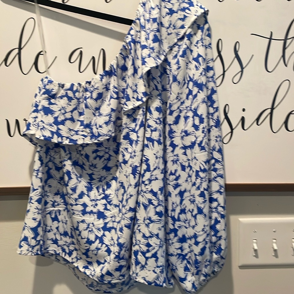 Staccato one shoulder ruffle blue blouse